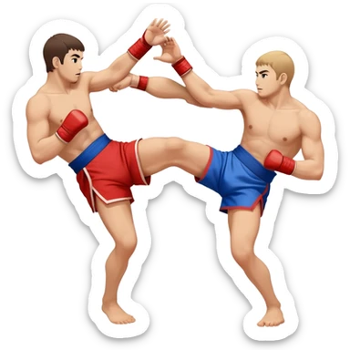 An icon symbolizing Sambo, featuring two fighters in blue and red kimonos with shorts and wrestling shoes. One executes a powerful throw, while the other attempts a defensive grab. The fighters are engaged in a grapple, using joint locks and sweeps.  sticker