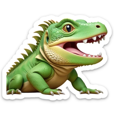 Cinematic Realistic Cute Yawning Iguana Portrait Emoji, Head tilted slightly with a dramatic, wide-open yawn, showcasing a soft, textured green-scaled face with gently drooping features and half-closed, drowsy amber eyes, rendered with natural detail and subtle shadows, high shine, relaxed yet expressive, styled with a dash of tropical charm, soft glowing outline, capturing the essence of a sleepy yet affectionate iguana that appears ready to stretch out and enjoy a peaceful nap! sticker