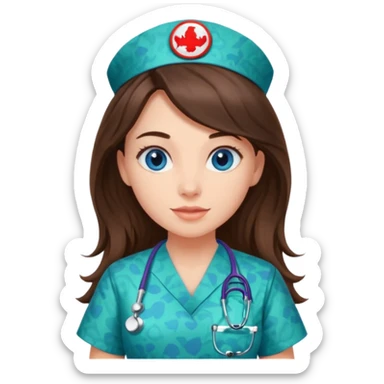 pretty brunette nurse with long hair and blue eyes in dinosaur pattern scrubs sticker
