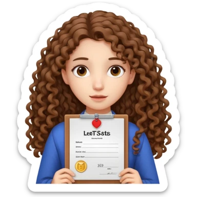 A girl with long curly brown hair very sadly shows an IELTS certificate with a score of 3.0 sticker
