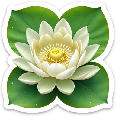 Pure white lotus flower with botanically accurate yellow seedpod center with distinct holes pattern, surrounded by pristine white petals and floating on a green notched lotus leaf sticker