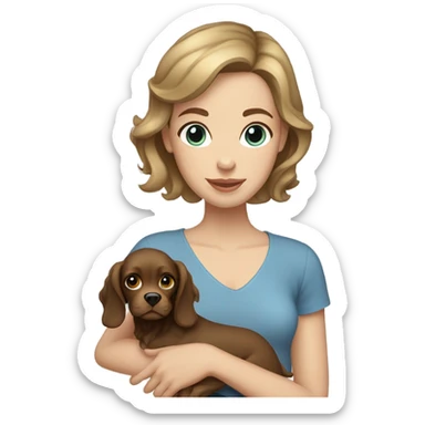 brunette girl short hair blue eyes  with blonde cocker spaniel sticker
