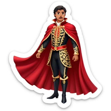 Spanish Matador – Cinematic Realistic Spanish Matador, portrayed in an ornate traje de luces with a flowing red cape, standing poised in a classic bullring with swirling dust and dramatic light, his intense expression and elegant stance capturing both bravery and artistry. sticker