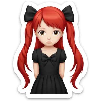 red long twin tail hair girl with black bow on her hair wearing black dress with a sad face sticker