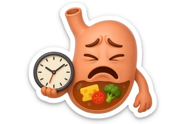 EMOJI STILE IPHONE 3D DI UNo stomaco umano con espressione dolornate, ha del cibo visibile dentro che non sta digerendo. in mano tiene un orologio da muro, iperrealistico 4k sticker