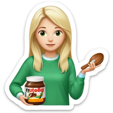 Blond woman with white and green pullover holds in one hand a big carriage of Nutella and in the other hand a oversized spoon which is inside the jar of Nutella. Her hair is long. And the Nutella jar is very big sticker