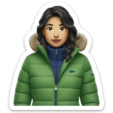 latina woman using Lacoste puffer jacket sticker