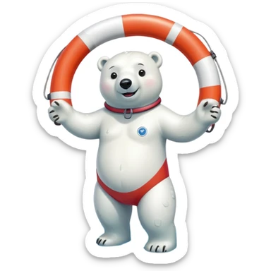 full body friendly anthropomorphised polar bear smiling wearing colorful swim suit and scuba goggles holding red and white life buoy standing in small puddle sticker