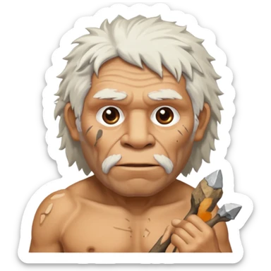 cartoon old Neanderthal with messy white hair and stone tool sticker