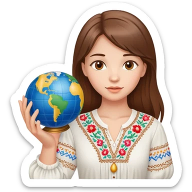 Beautiful young girl with brown hair wearing a white Ukrainian embroidered shirt holding a globe in her hand sticker