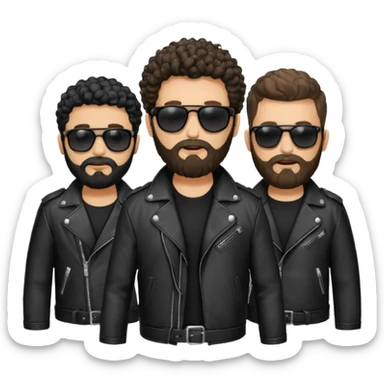 biker gang with black sunglass and rugged and bulky guy bearded curly hair black jacket sticker