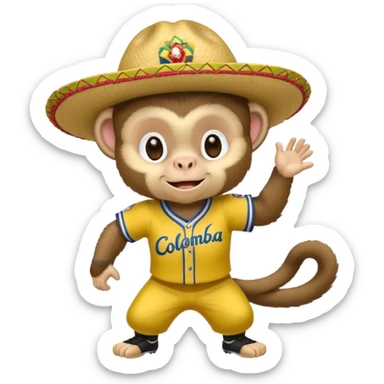 Crear una mascota que sea un mono capuchino sobre el cual predomine el color café, cara clara y expresiva, alegre, atlético, que lleve uniforme de softbol que diga Colombia, con un sombrero vueltiao' un poco inclinado que se vea personalizado con el nombre YAIFER sticker