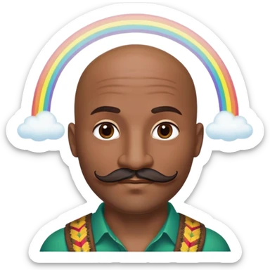 Oxumarê as a happy 37-year-old bald man with very dark skin tone, smooth oval head, indigenous facial features, mustache with circular beard only on chin (no hair on sides), a round mole on the right side below the lip, accompanied by a rainbow serpent, Memoji style sticker