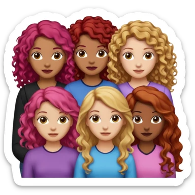 5 girlsone curly redhead, one with brunette dyed blonde hair, one long haired wavy brunette, one mid-length haired brunette, and one black haired girl with partially dyed bright red/pink hair sticker