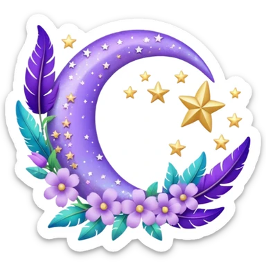 Beautiful poetic ethereal romantic aesthetic sparkly glittery shiny pretty floating pastel lilac lavender Violet crescent-moon and flowers and leaves and feathers and sparkles and stars aesthetic deco sticker