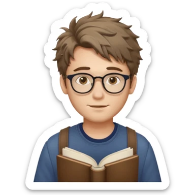 generate an ios genmoji of a fair 20 year guy with faint beard, spectacles, messy hair, books in hand sticker
