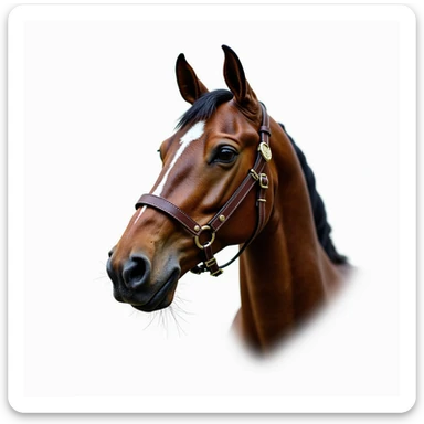 Hermès-style horse head with detailed leather harness and gold accents, photorealistic, white background sticker
