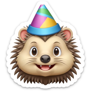 smiling porcupine, bust up, wearing a party hat sticker