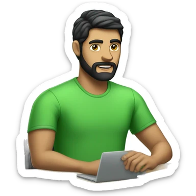 white guy with black hair thin face with beard typing in laptop wearing green t-shirt working in call center sticker