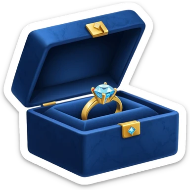 a dark blue box containing a gold ring with a diamond sticker