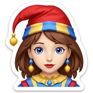 a girl A classic two-armed jester's hat with red and blue stripes, a yellow brim, and small yellow bells on the tips. brown hair blue and red eye's

 sticker
