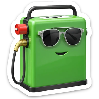 A 3D render of a green rectangular fuel pump as an inanimate object, with black sunglasses placed on its upper front panel. No face, no eyes, no character features, no anthropomorphism. Industrial product style. Clean lighting. Isolated on transparent background. sticker
