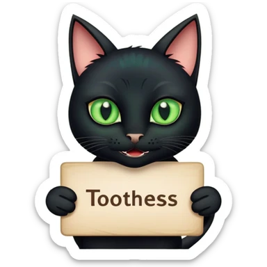 Black cat with massive green eyes with a sign that says toothless sticker