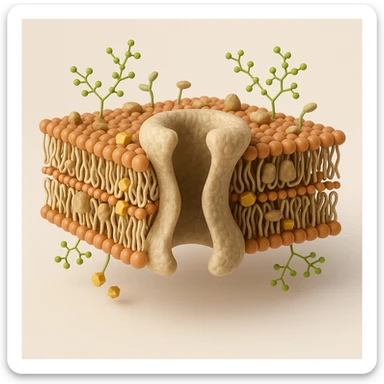 3D cross-section of a biomembrane with a prominent channel protein, showing double phospholipid bilayer, embedded proteins, cholesterol, carbohydrate chains, and a large detailed channel protein spanning the membrane, educational and realistic style, scientific illustration sticker
