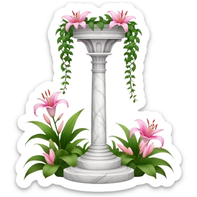 White tall marble pedestal with vines growing and pink lilies, beautiful romantic scenery  sticker