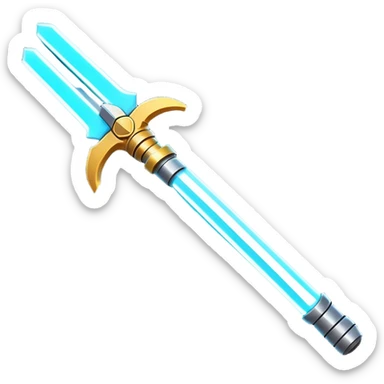 Clash of Clans aesthetic: Cinematic heroic light sabre Emoji, rendered in a 3D vector-style similar to standard emojis with minimal shading and bold, simplified shapes. A compact, vibrant energy blade with a neon-hued, glowing edge and futuristic hilt, softly glowing with a radiant cosmic charm. Simplified yet unmistakably iconic, highly detailed and consistent, glowing with a soft pulsating brilliance and high shine. Stylized with a touch of interstellar elegance and a soft glowing outline, capturing the essence of a legendary energy blade with a friendly, playful manner! sticker