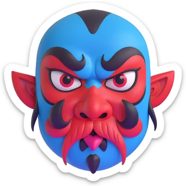 Japanese Tengu demon mask with thick black eyebrows, large cartoonish angry eyes, big curved red nose, black mustache, tongue sticking out, and blue sweat droplets on forehead sticker