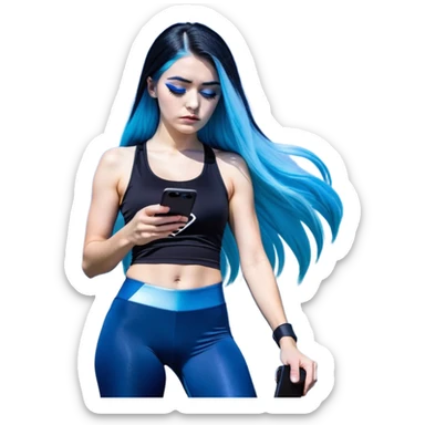 Shameful and disappointed and crying-very very very very large chest-texting on a samsung cell phone-very long straight flowing black to sky blue hair ombre-blue eyes-black eyeliner-long eyelashes-iridescent sky blue very low cut tank top with sparkling superman logo-black leggings-nike sneakers sticker