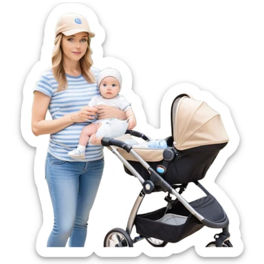 A mom with a brown stroller, a coffee cup attached to it. Inside, a 6-month-old baby boy with light brown hair and blue eyes. The mom is wearing a beige T-shirt and a matching beige cap. The baby is dressed in white sneakers, a white and blue striped T-shirt, and jeans sticker