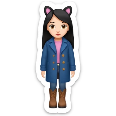 Gordita, ojos pequeños de color cafe oscuro, labios pequeños y rosados, piel trigueña, orejas pequeñas, cabello largo lazio y negro, pequeña. cuerpo completo. vestida con saco de lana jean color azul y botas color café. No le pongas orejas sticker