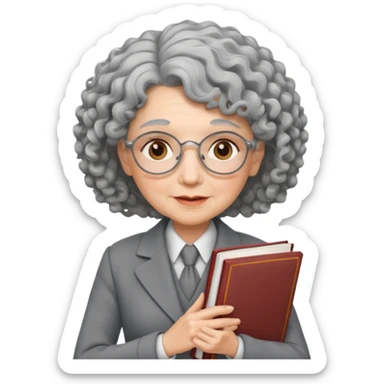elderly female, curly hair, holding book, wearing gray suit sticker