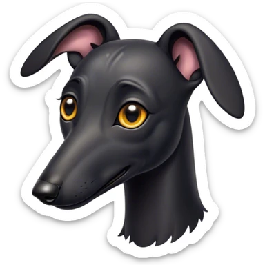 Cinematic Cute Black Greyhound Portrait Emoji, Head tilted playfully and inquisitively, featuring a smooth, shiny jet-black Fur and round, sparkling dark eyes filled with curiosity, Simplified yet irresistibly adorable features, highly detailed, glowing with a warm, friendly glow, high shine, affectionate and agile, stylized with a touch of whimsy, bright and endearing, soft glowing outline, capturing the essence of a mischievous yet loving racer, so playful it feels like it could dash out of the screen and into your arms! sticker