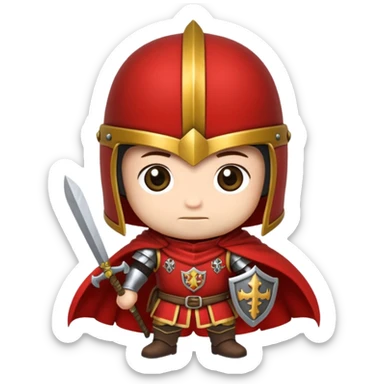 Um guerreiro estilo chibi/cartoon, vestindo armadura prateada brilhante, com capacete medieval e um penacho vermelho no topo. O personagem faz uma cara sério, chocado " :| ". O fundo é preto, destacando bem o personagem. sticker