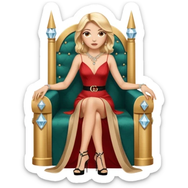 Lilith symbol light brown eyes. Woman of justice and power. Shoulder  length blonde haired  woman with Gucci, and designer bags next to her. Wearing long elegant dress with slit, sitting on a throne and diamonds everywhere around her. Black Platform high heels on feet. designer bags around her.  sticker