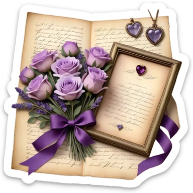 A delicate bouquet of lavender sprigs, dusty mauve roses, and deep violet peonies rests atop an antique love letter, its parchment kissed by time, tied with a silken amethyst ribbon forming an elegant bow. Nearby, a tiny heart-shaped locket gleams softly beneath the glow of a crescent moon, while scattered pressed pansies in shades of lilac and plum whisper forgotten sentiments of devotion. A few golden stars shimmer faintly, caught in the folds of the vintage fabric beneath the bouquet, adding a touch of celestial romance. sticker
