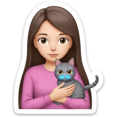 a white girl with brunette long straight hair holding a grey cat. the girl has long lashes and has on a pink shirt. sticker