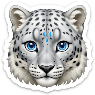 Cinematic-Noble-Snow-Leopard-Portrait-Emoji – Poised and majestic, with a muscular, agile build and a beautifully patterned coat of soft white and grey fur, marked with striking rosettes, deep-set, intelligent icy blue eyes, simplified yet sharp and sophisticated zoomed out showing the shoulders sticker