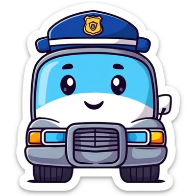 A cartoon police car character with a cute face, flashing lights and a small badge sticker