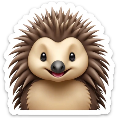 Cinematic Cute Echidna Portrait Emoji, Head tilted playfully and inquisitively, featuring a fuzzy, spiky fur with an adorably scrunched face and a cute, pointed snout, round, sparkling eyes filled with gentle curiosity, Simplified yet irresistibly adorable features, highly detailed, glowing with a warm, friendly glow, high shine, affectionate and quirky, stylized with a touch of natural whimsy, bright and endearing, soft glowing outline, capturing the essence of a mischievous yet loving echidna, so playful it feels like it could nuzzle out of the screen into your arms! sticker