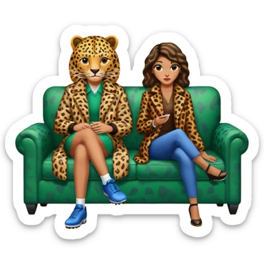 2 personnages : 1 footballeur assis dans un canapé du club ASSE et 1 femme avec un manteau léopard  sticker