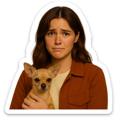 Centered portrait for Instagram profile picture inspired by the facial features visible in the reference images. Tanned complexion with subtle freckles, wearing a shirt colored #FFF8CA and a rust-colored jacket. Medium-length brown hair with auburn highlights. Expression is embarrassed and shy. Holding a beige-brown chihuahua. Style inspired by a Netflix series, intimate Tenerife ambiance, transparent background. sticker