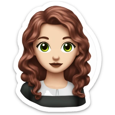 a white girl with dark red burgundy wavy hair and black eyeliner and green eyeseating a huge piece of chocolate cake  sticker