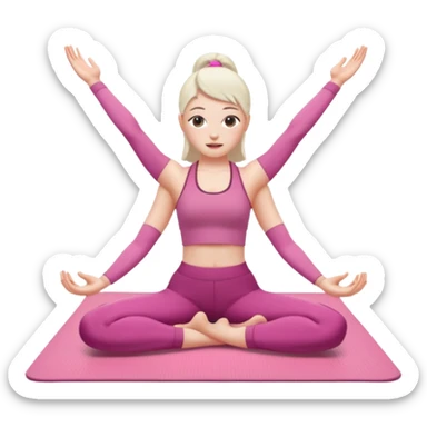 a pretty 20-year-old woman with white skin doing stretching on a pink yoga mat, iPhone memoji style sticker