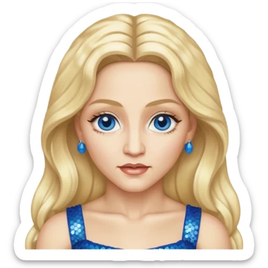 Madonna with blonde long hair, ivory sequin crop top, blue eye sticker