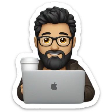 Designer with black hair, beard and glasses working with MacBook and drinking cappuccino  sticker