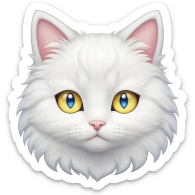 Make me a cute white fluffy cat anime style with one blue eye and one yellow eye, make the eyes big kawaii style sticker
